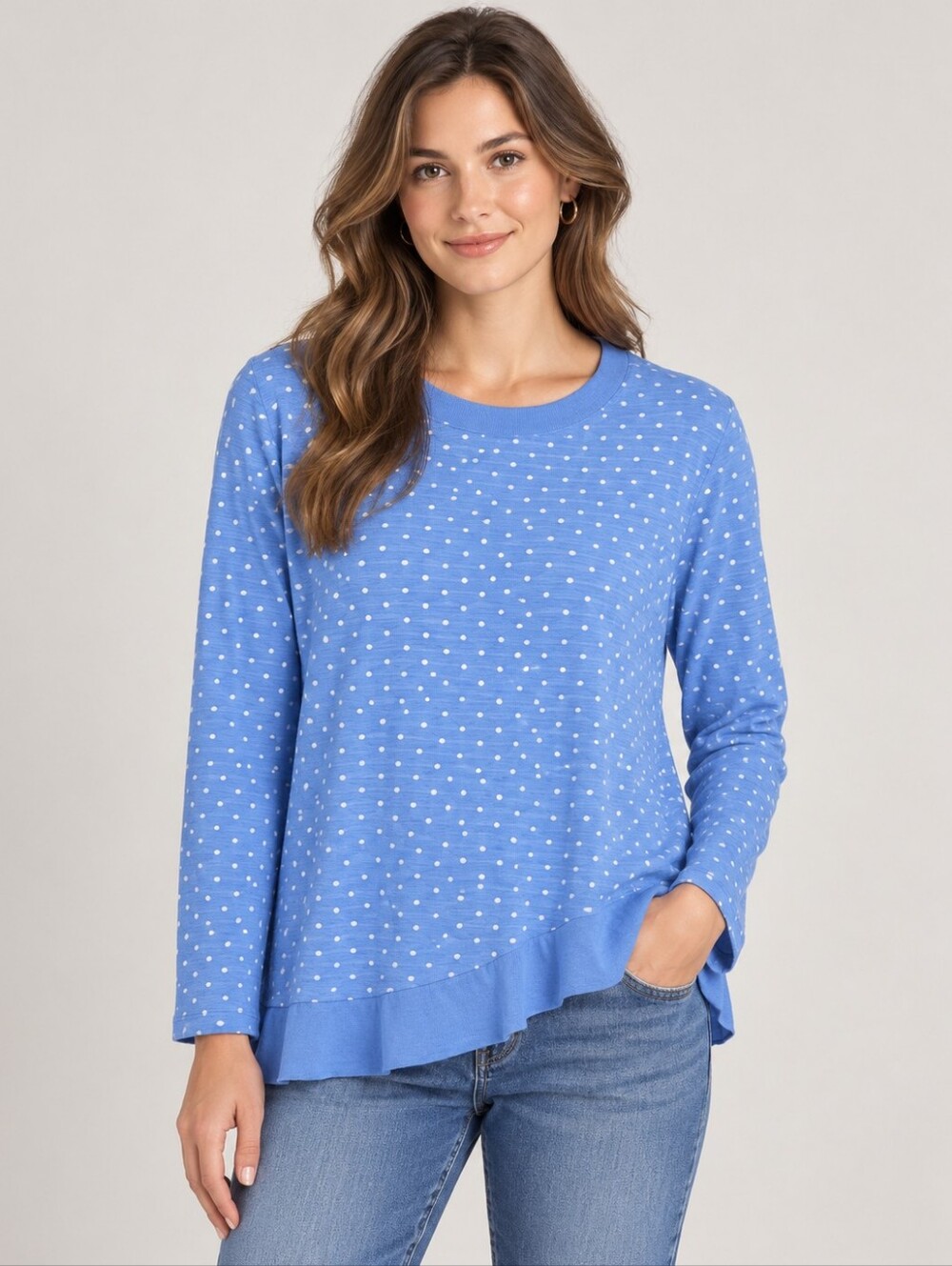 T by Talbots Blue Polka Dot Long Sleeve Top